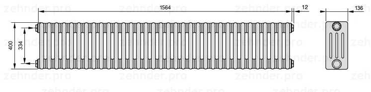 Схема (чертеж) Радиатор Zehnder Charleston 4040/34 №1270 Белый глянцевый RAL 9016